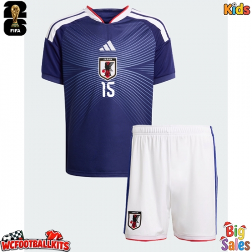 Japan Daichi Kamada #15 Replica Home Stadium Kit for Kids World Cup 2026 Short Sleeve (+ pants)
